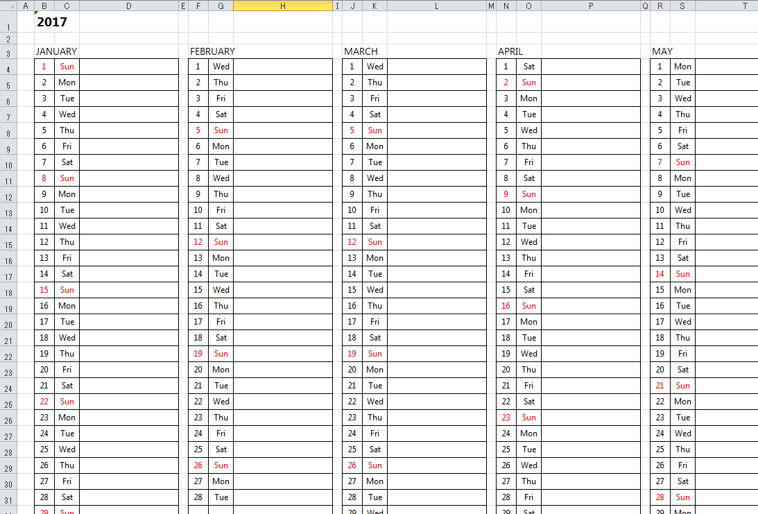 Simple 2017/2018 Excel Calendar Template