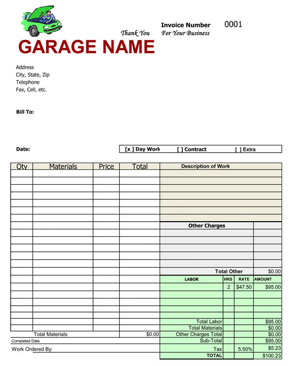 Auto Repair Invoice Template for Excel