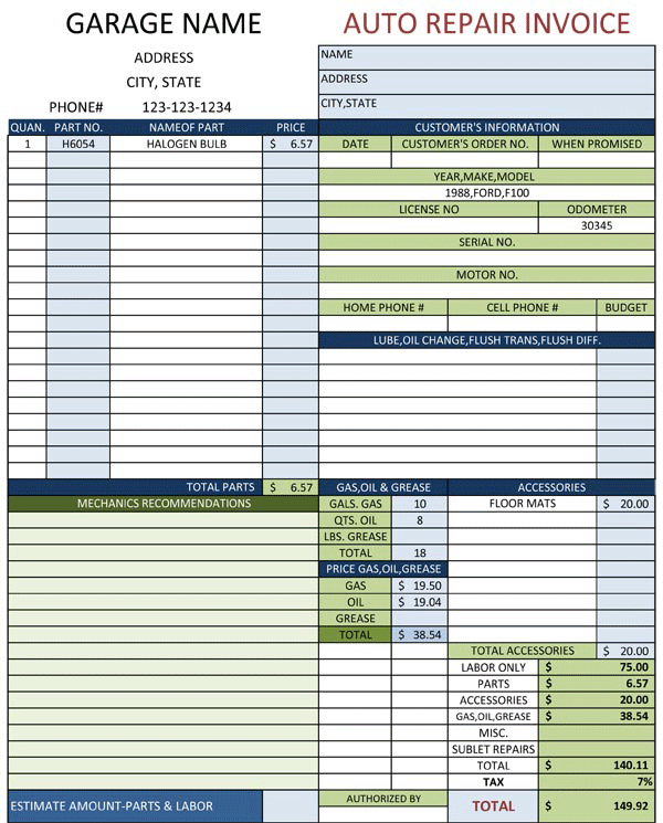 Auto Repair Invoice Template for Excel