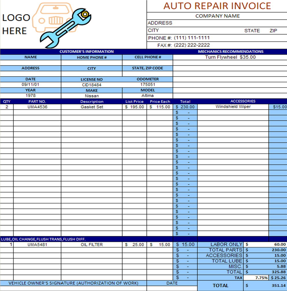 auto repair invoice excel template 2