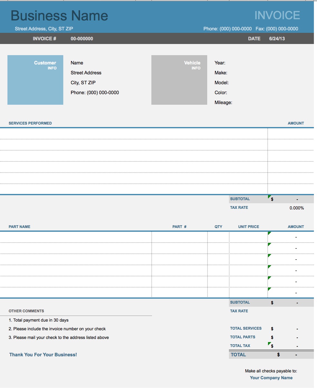 Auto Repair Invoice Template (C5 019) Excel Invoice Manager