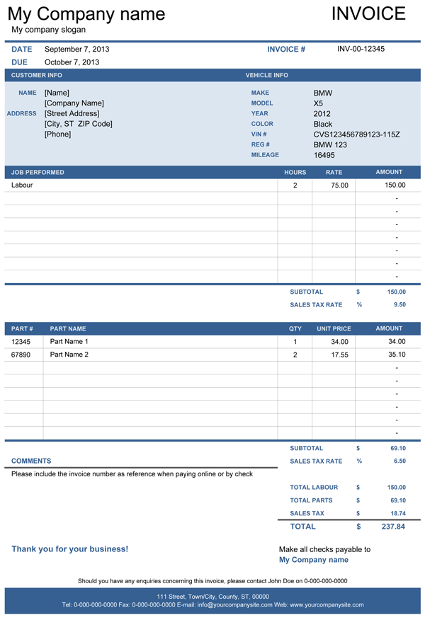 Vehicle Repair Invoice | Free Template for Excel