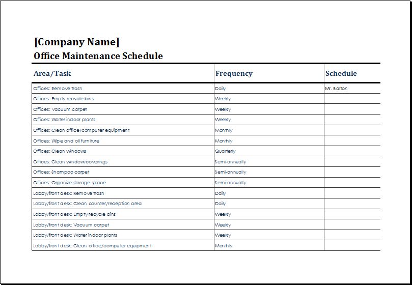 Office Maintenance Schedule Template MS Excel | Excel Templates