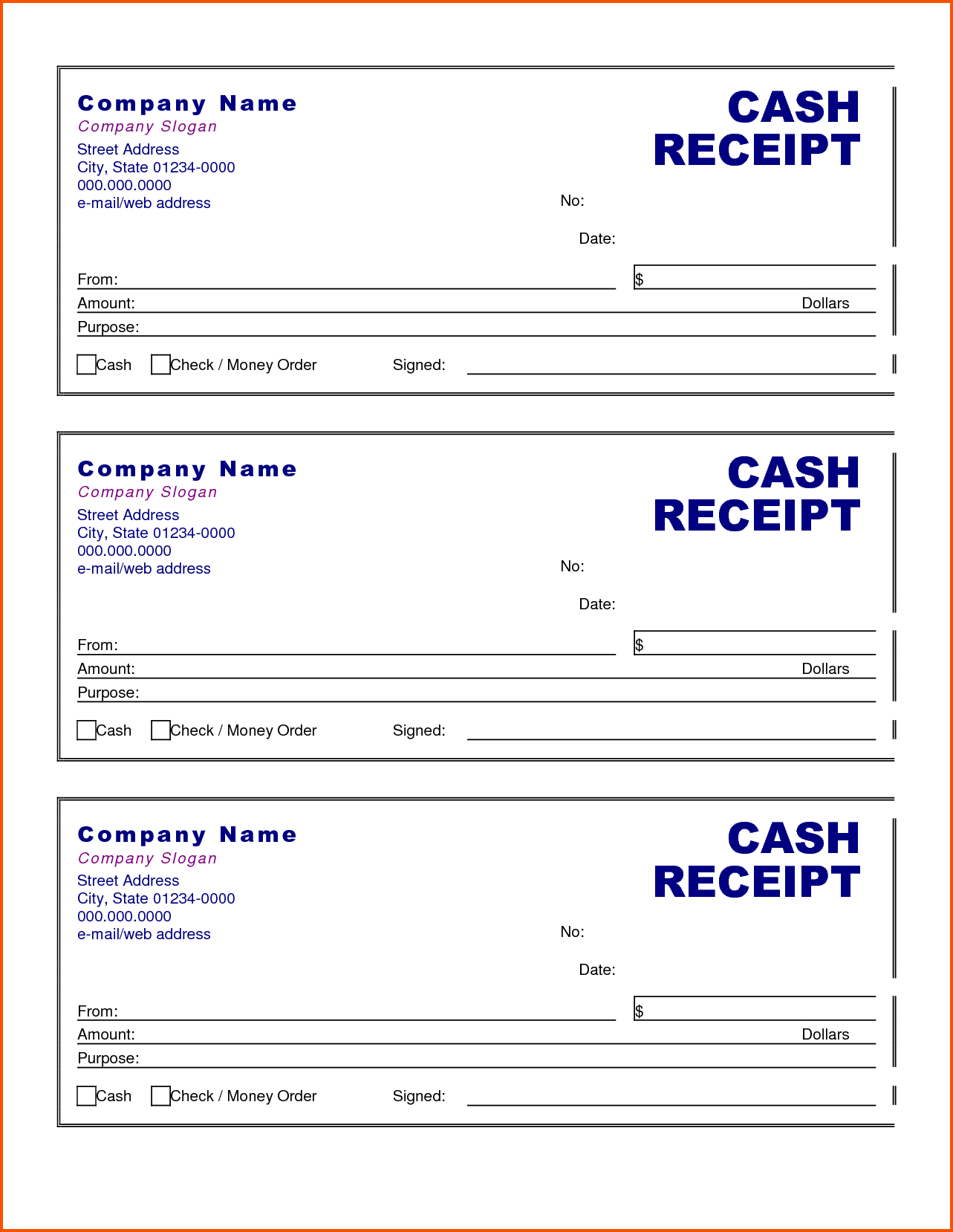 Free Printable Cash Or Money Receipt Template Sample : Vatansun