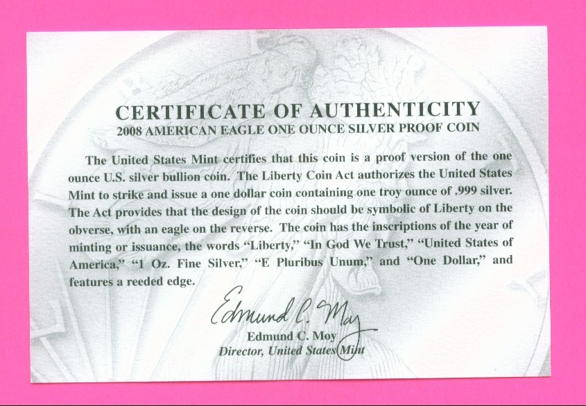 Certificates of Authenticity for Silver Eagle dollar coins
