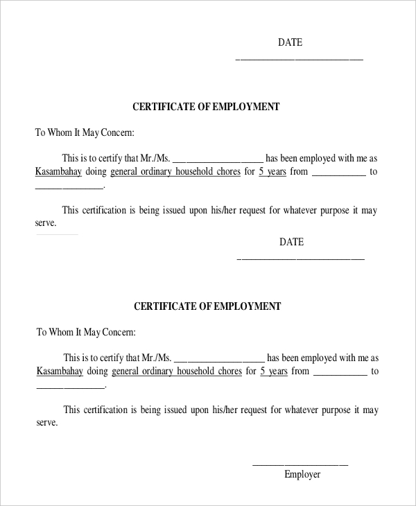 Sample Of Certificate Of Employment Template Examples