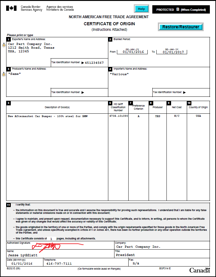 Freightdata U.S. Documents NAFTA Certificate of Origin Form 7512
