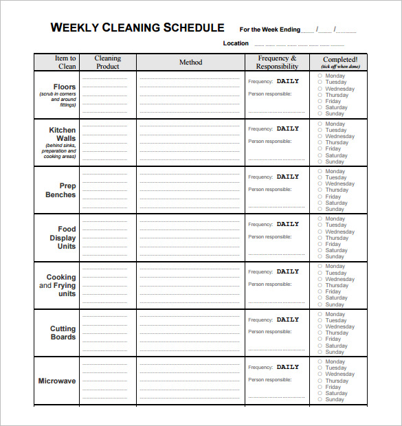 Cleaning Schedule Template For Restaurant