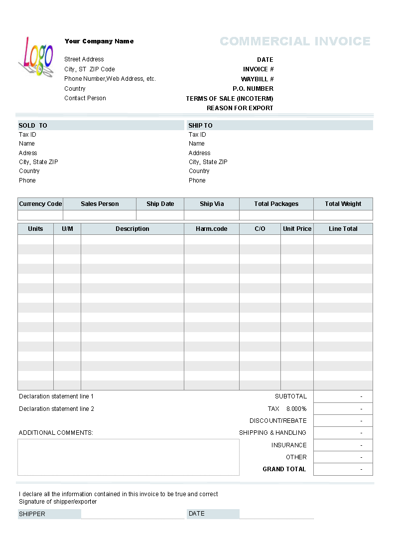 Commercial Invoice Template Uniform Invoice Software