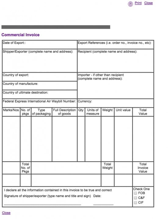 Commercial Invoice Template Free