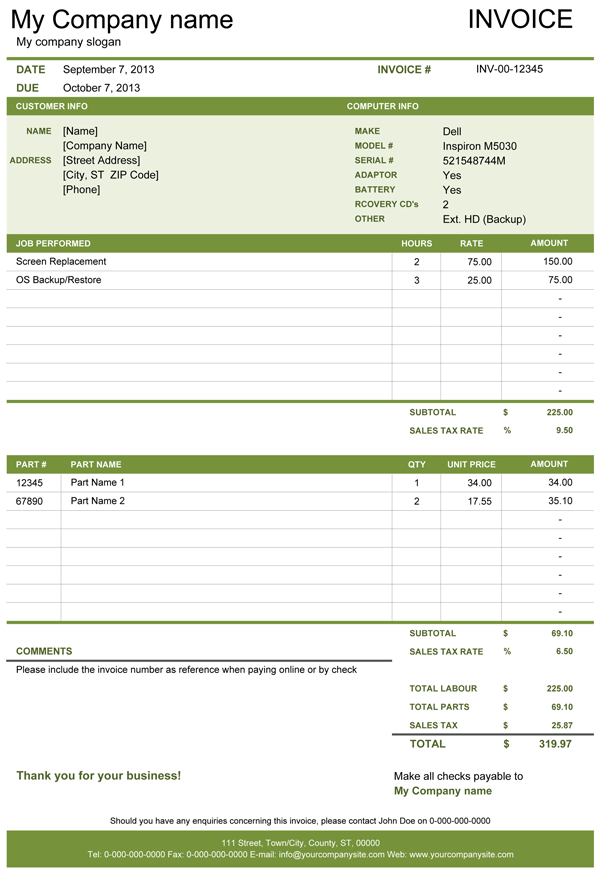 Computer Repair Invoice Template Pdf | invoice sample template