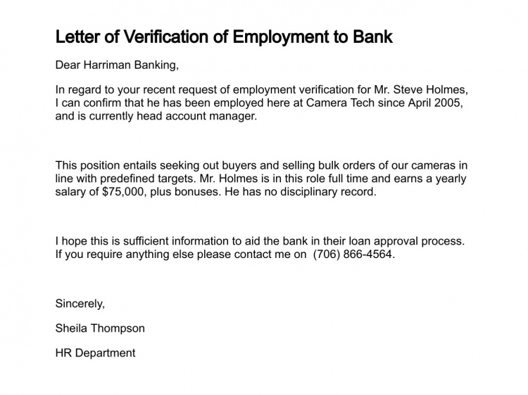 Letter of Verification of Employment