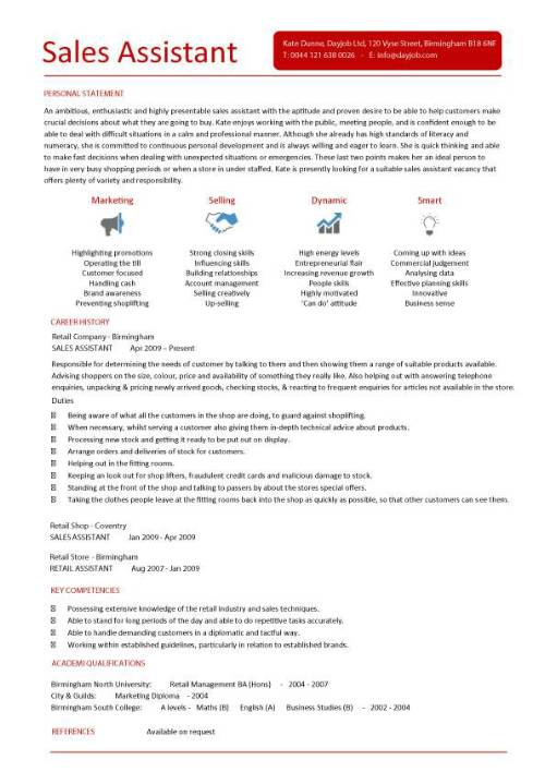 Sales assistant CV example, shop, store, resume, retail curriculum 