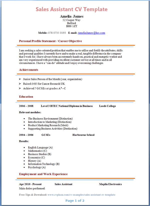 Sales Assistant CV Template + Tips and Download – CV Plaza