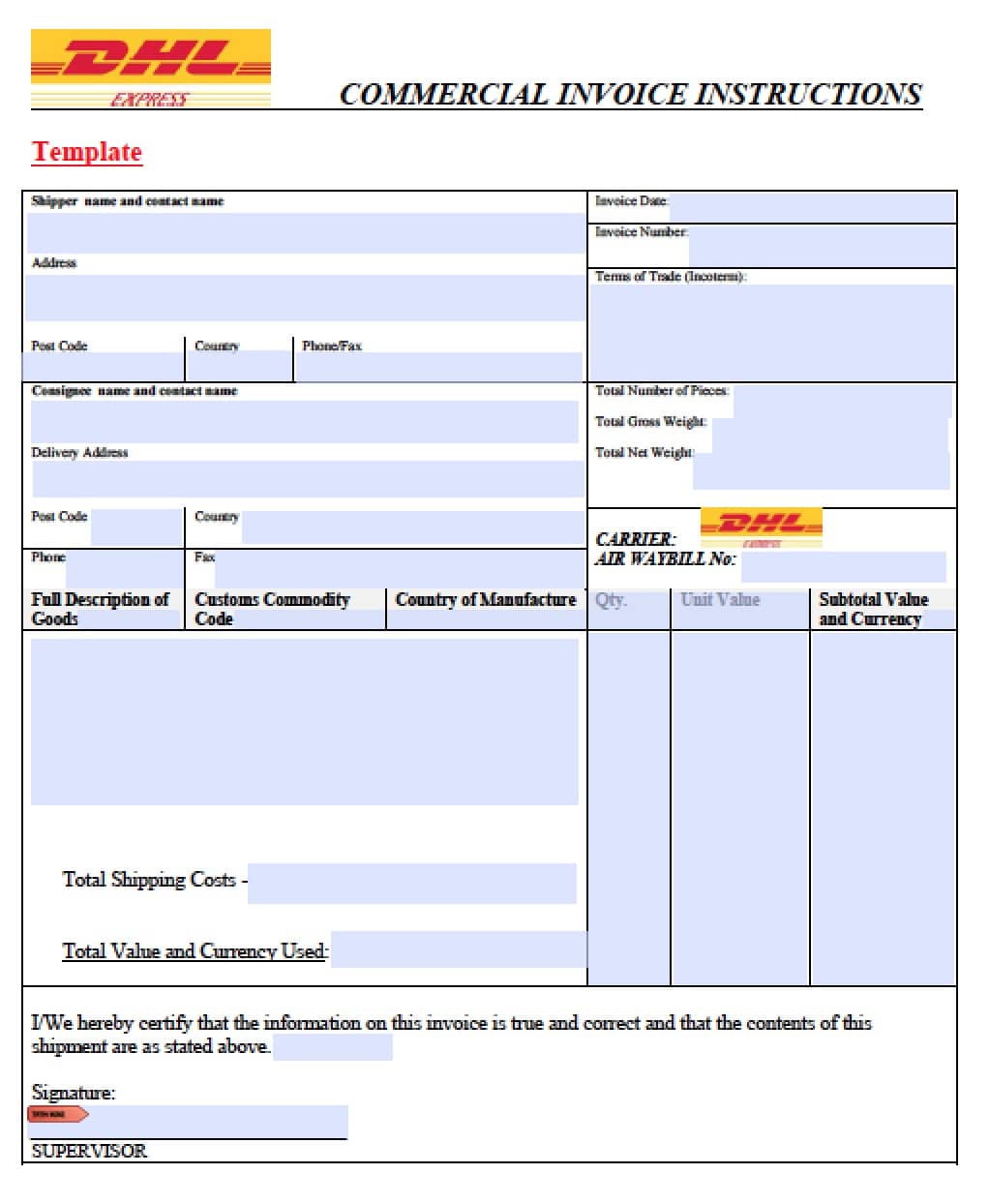 Free DHL Commercial Invoice Template | Excel | PDF | Word (.doc)