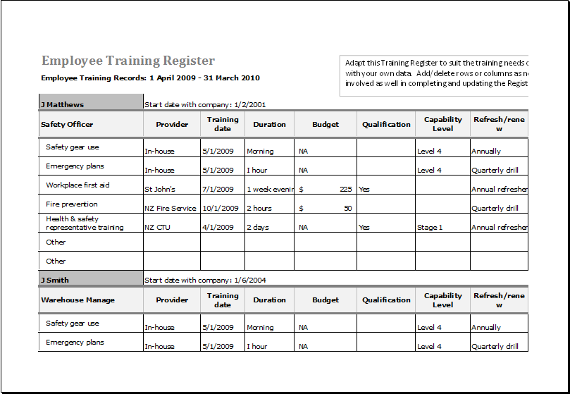 Employee Training Register MS Excel Fully Customizable Template 