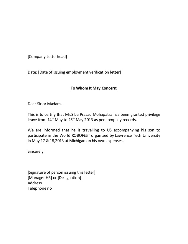 Employment Verification Letter Template Word | Best Business Template