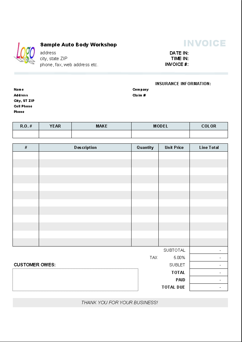 Automotive Repair Invoice Template Uniform Invoice Software