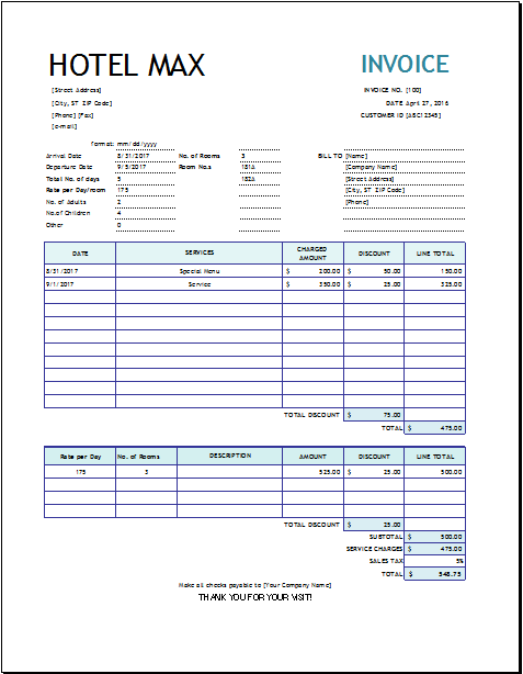 Hotel Invoice Template for EXCEL | EXCEL INVOICE TEMPLATES Hotel Invoice Template for EXCEL | EXCEL INVOICE TEMPLATES
