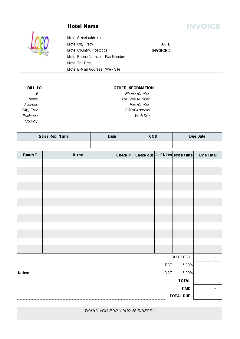 Hotel Invoice Template For Excel Word Excel Templates Hotel 