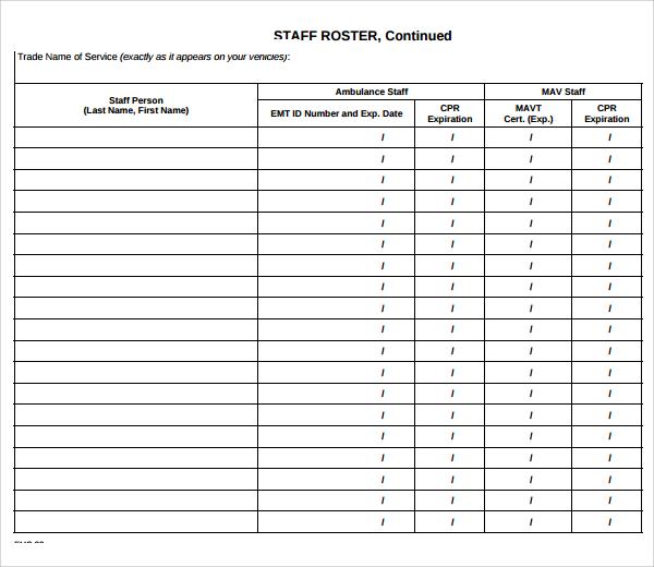 Sample Staff Roster Template 7+ Free Documents Download in PDF 