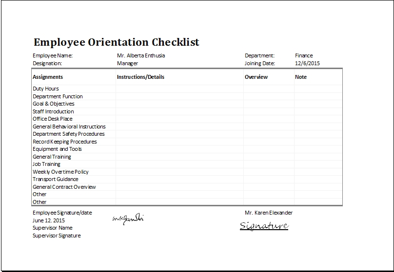 MS Excel Employee Orientation Checklist Editable Template | Excel 
