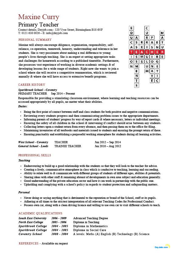 Teaching CV template, job description, teachers at school, CV 