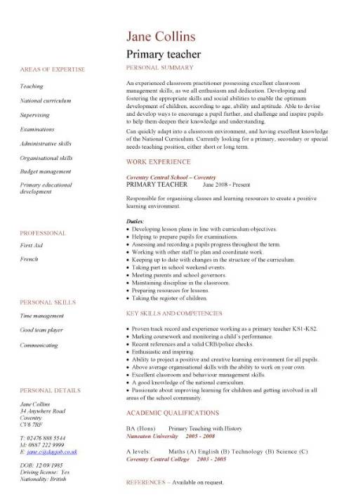 Primary teacher CV sample, school, teaching, classroom, children 