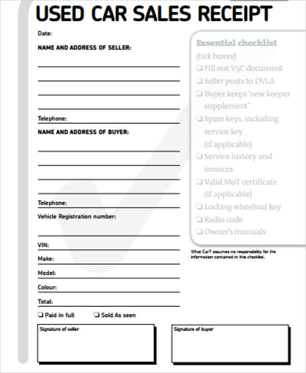 Car Sale Receipt Template 11+ Free Word, Excel, PDF Format 