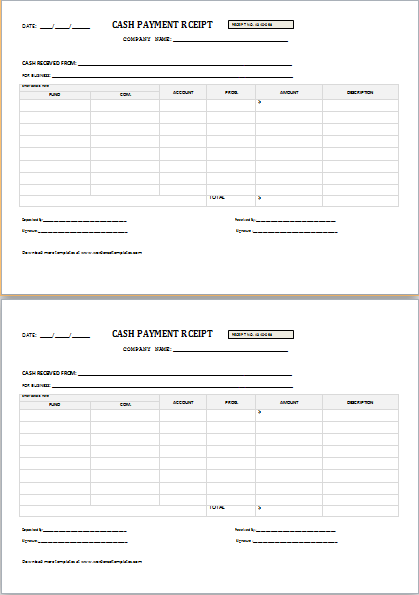 Cash Payment Receipt Template | Free Fillable PDF Forms