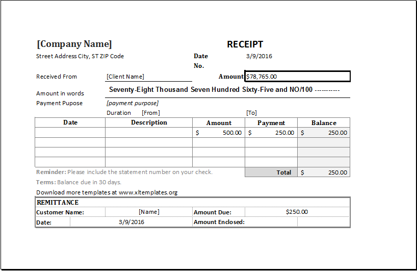 Simple Receipt Template for Excel