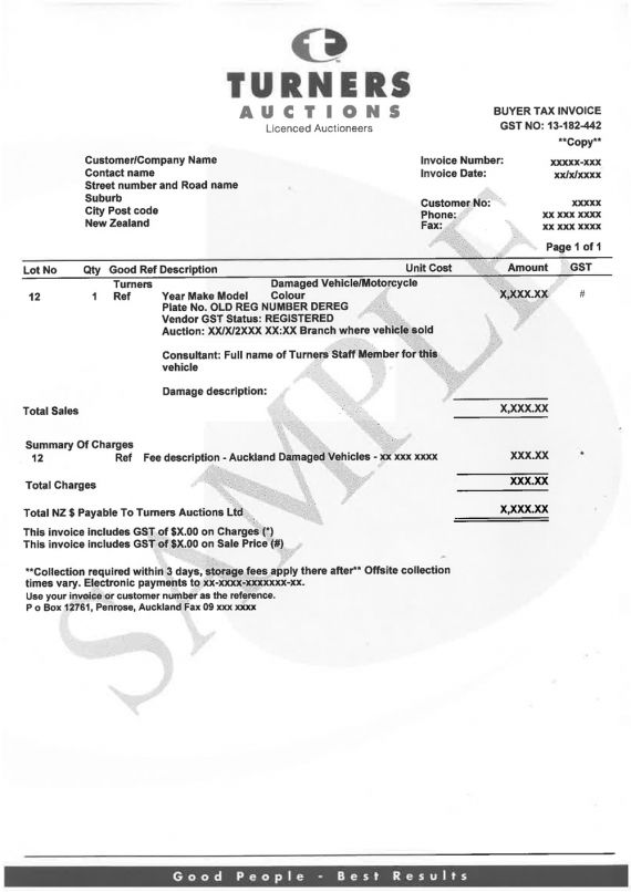Sample auction invoices NZTA Vehicle Portal