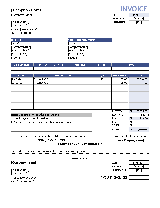 Sales Invoice Template for Excel