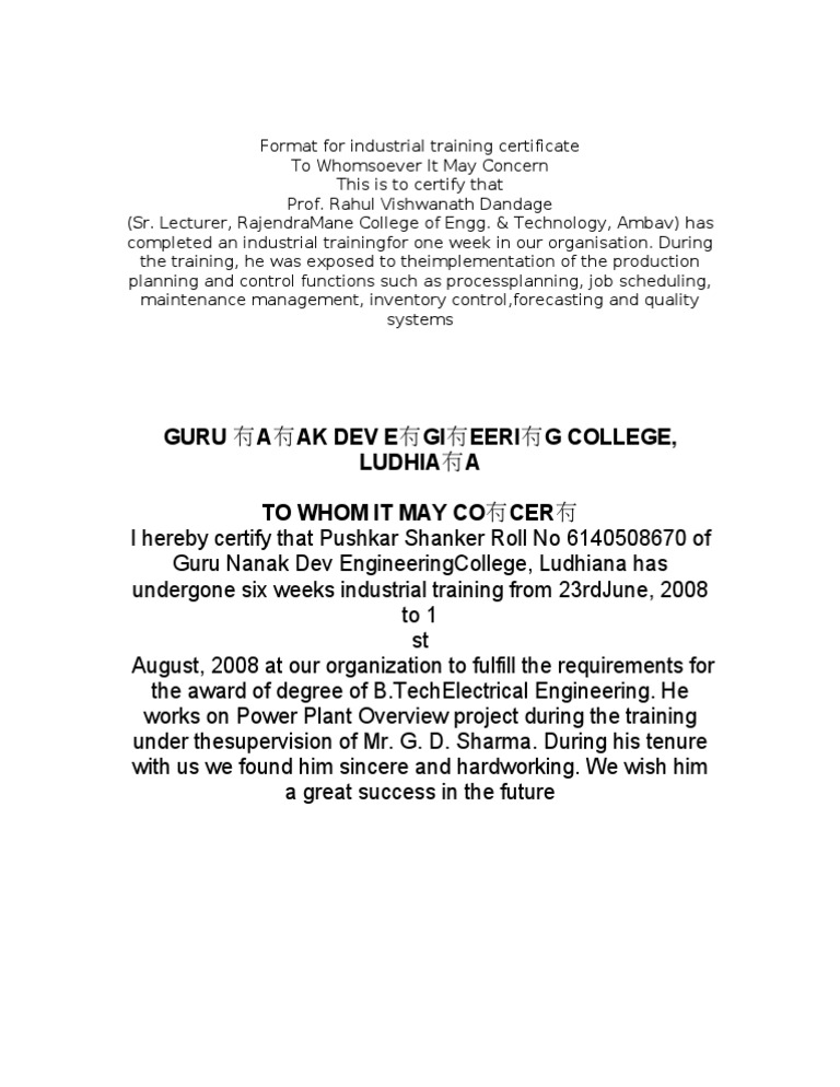 Format for Industrial Training Certificate Format for Industrial Training Certificate