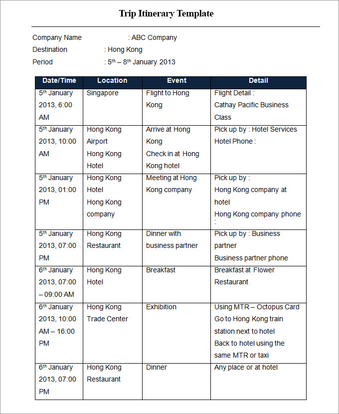 Trip Itinerary Template 20+ Free Word, Excel Documents Download 