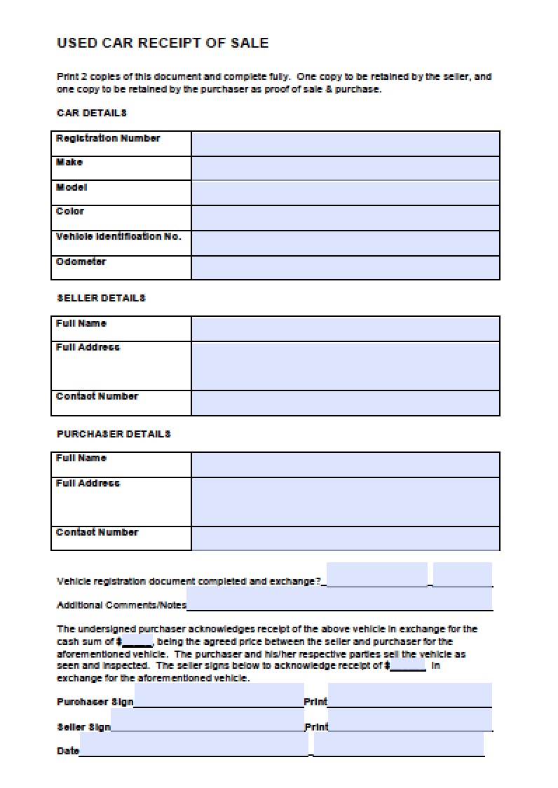 Used Car Receipt Template Word Excel Formats