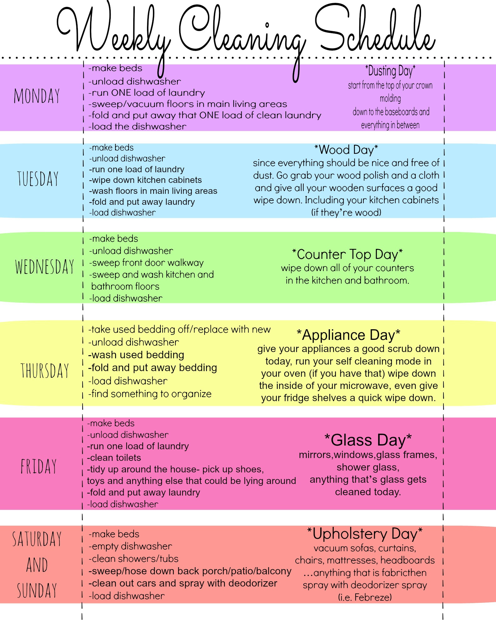 My Quirky Weekly Cleaning Chart: Free Printable First Home Love Life